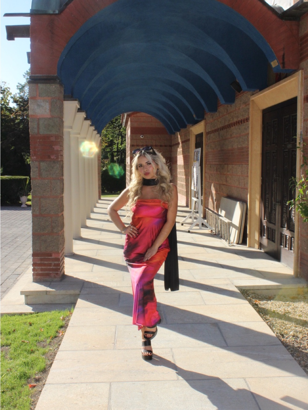 Strapless Satin Midi Dress in Pink, Orange, Purple - Picture 4 of 5